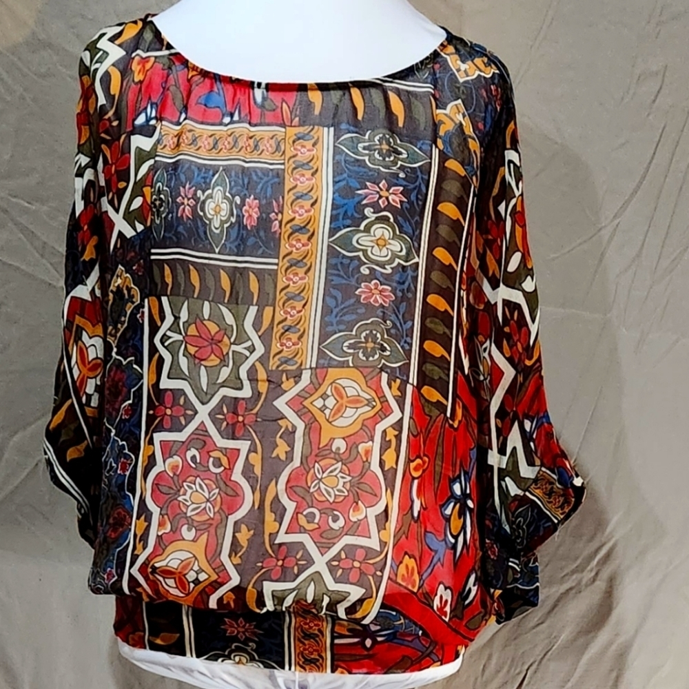 Gibson sz S‎ fitted drop waist silk sheer  ethnic print colorful 3/4 sleeve top